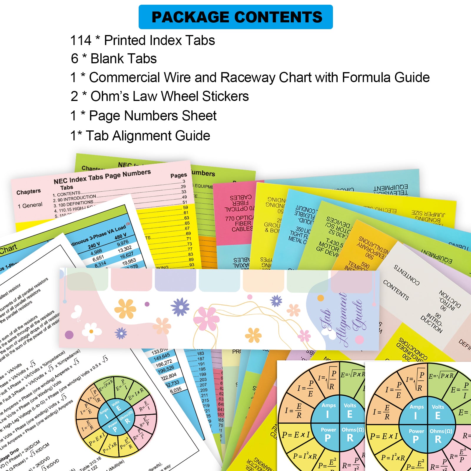 NEC Tabs, 120 Pcs for 2020 National Electrical Code(Book not Included), Color-Coded and Laminated Tabs with Ohm's Law Stickers and Wire Chart